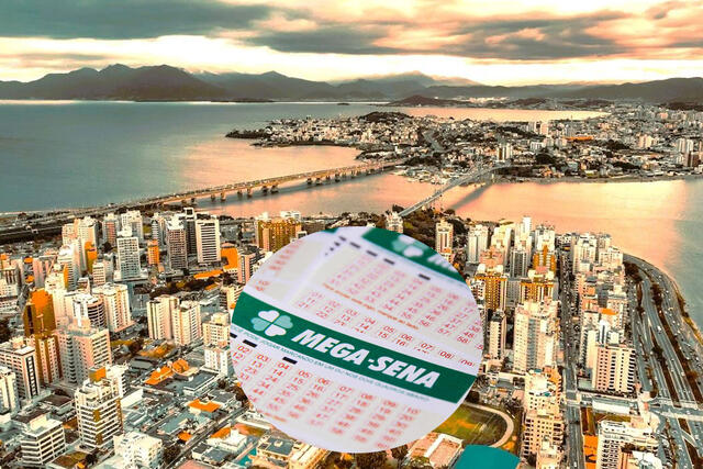 Vista aérea de Florianopolis com cartão da mega sobre a imagem