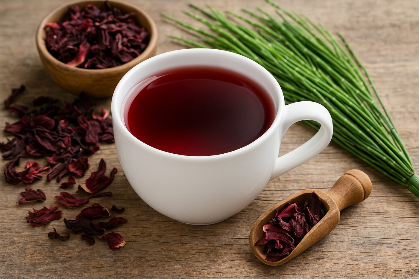 Xícara de chá de hibisco com cavalinha – chá que emagrece 1kg por dia, com ação diurética e desintoxicante.