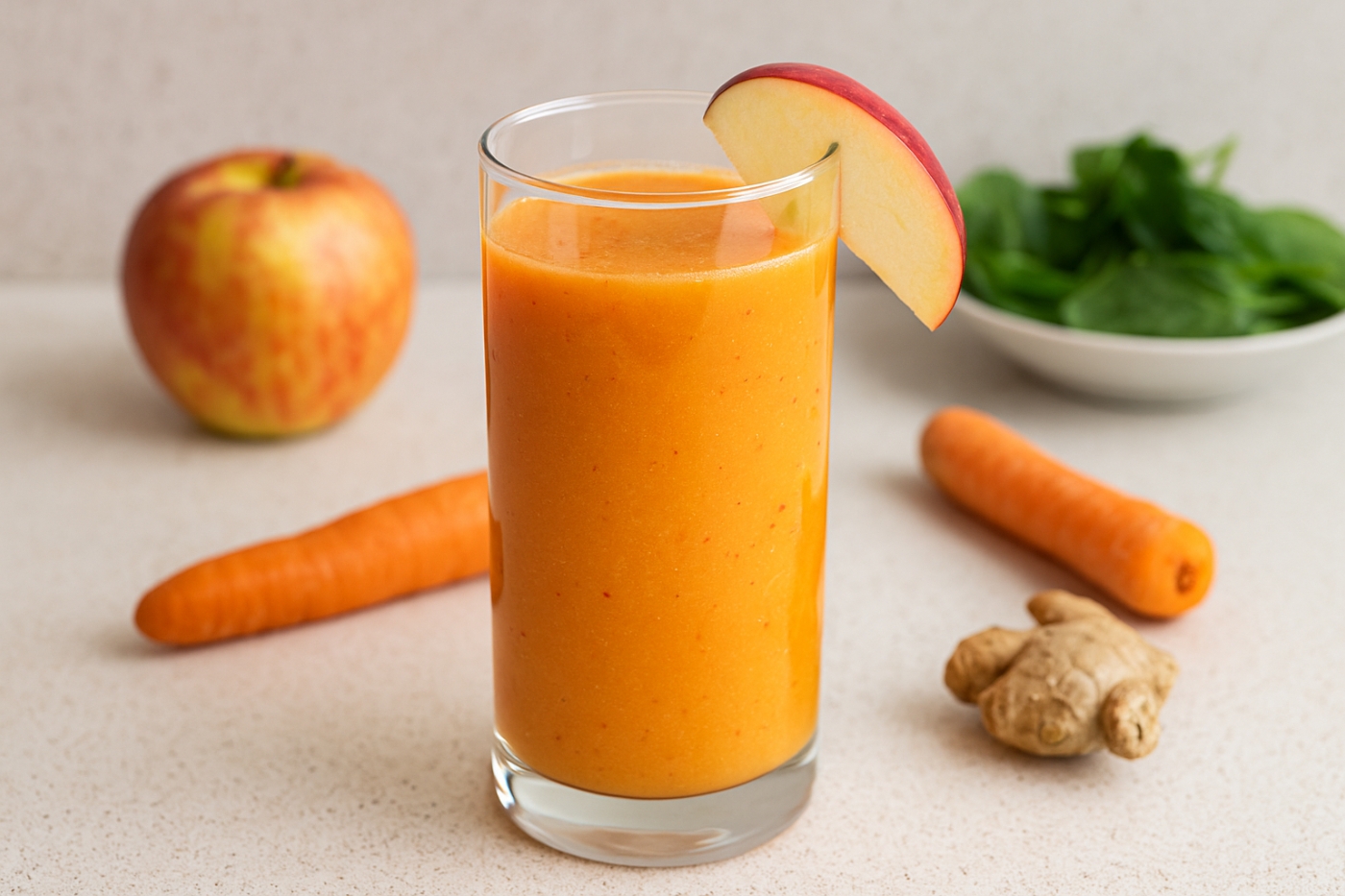 Copo de suco detox laranja com cenoura, maçã e gengibre sobre bancada clara, com fatia de maçã na borda.