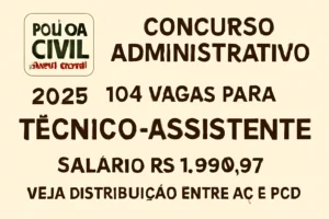 Concurso PCMG Administrativo 2025: 104 vagas para Técnico-Assistente, salário R$ 1.990,97, veja distribuição entre AC e PcD